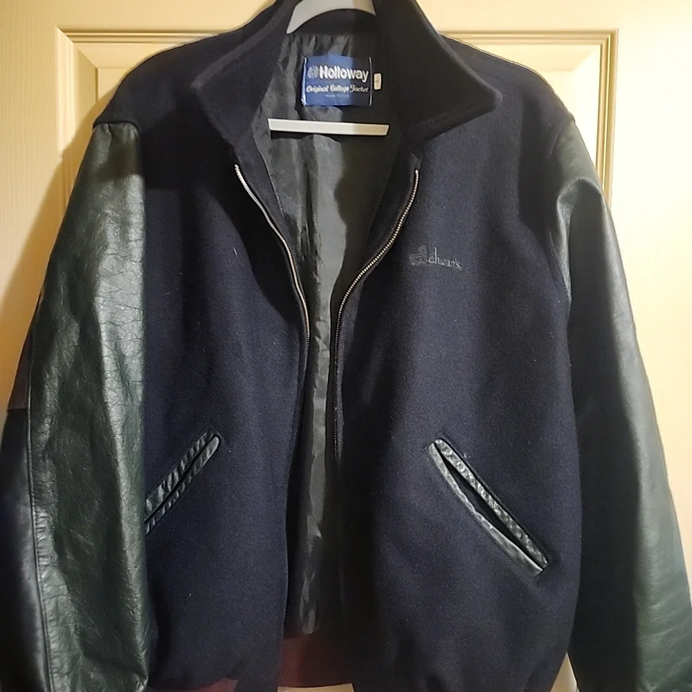 Holloway Black Navy Wool & Leather Bomber Jacket Varsity